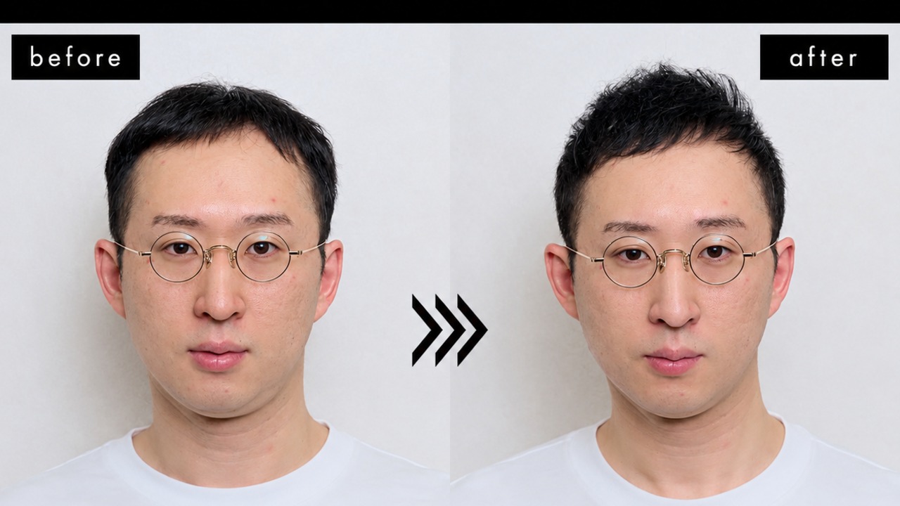 EGUSUボリュームアップミストの使用前後。猫っ毛でトップが潰れた状態から根元が立ち上がった状態へ