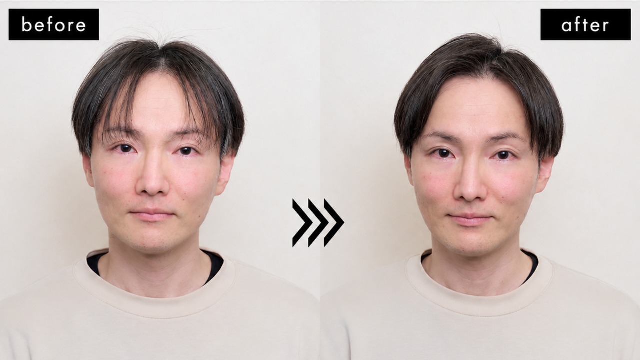 スタイリング前後の比較。前髪が割れて分かれた状態から、まとまって厚みのある状態へ