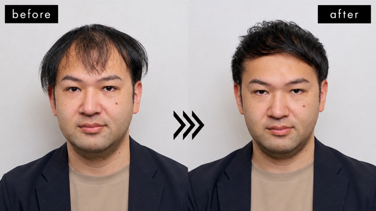 スタイリングを変える前と後の比較。トップが潰れて広がった状態から、根元が立ち上がり輪郭がすっきりした状態へ